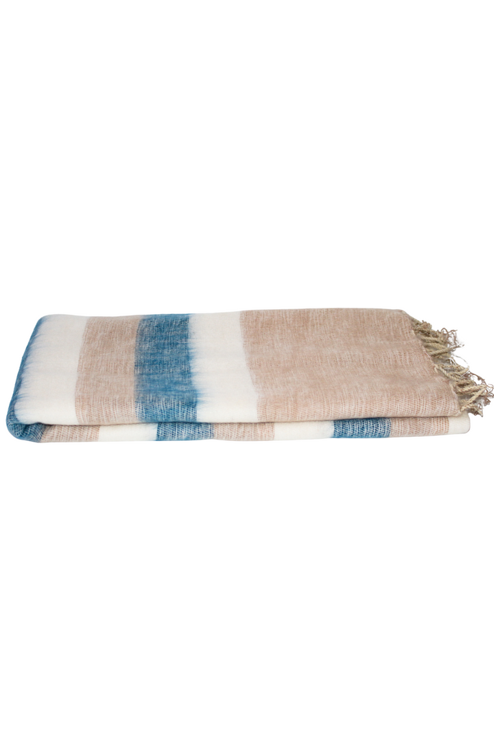 Handgewebter Maxischal aus Yakwolle | Beige mit Blau